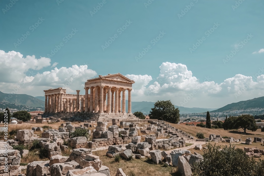 Fototapeta premium Exploring an ancient historical site with Greek temples and intricate decorations