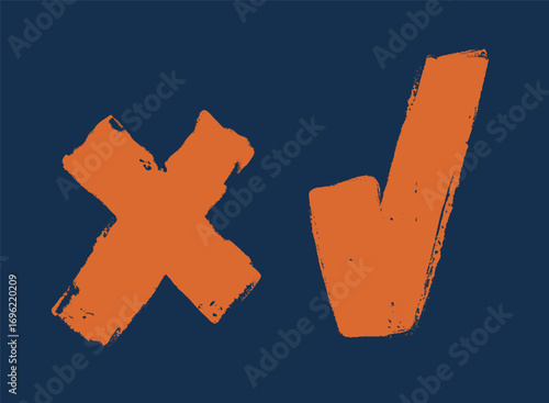 Cartoon vector illustration of a cross and checkmark representing yes and no votes, symbolizing decision-making, choice, and agreement versus disagreement