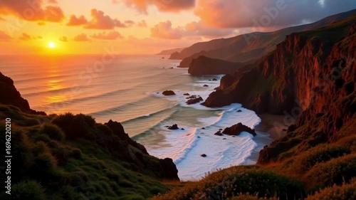 Sunset over Madeira cliffs with waves crashing and golden coastal light