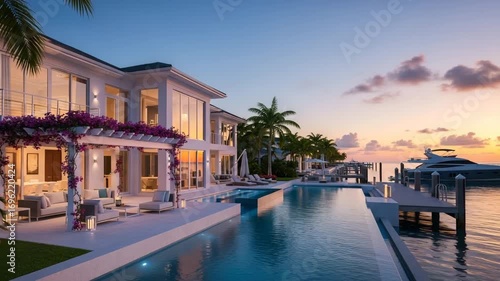 Luxury waterfront mansion with infinity pool, marina dock, yacht, tropical sunset, elegant palm trees, exclusive residence, contemporary coastal architecture