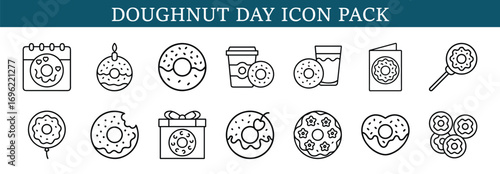 Doughnut Day sweet dessert outline icon set, Outline icon pack featuring doughnuts, pastries, coffee, gifts, and sweets designed for Doughnut Day celebrations and bakery-related themes.
