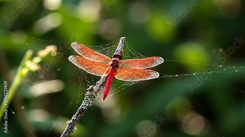Vibrant red dragonfly perched on a twig in nature