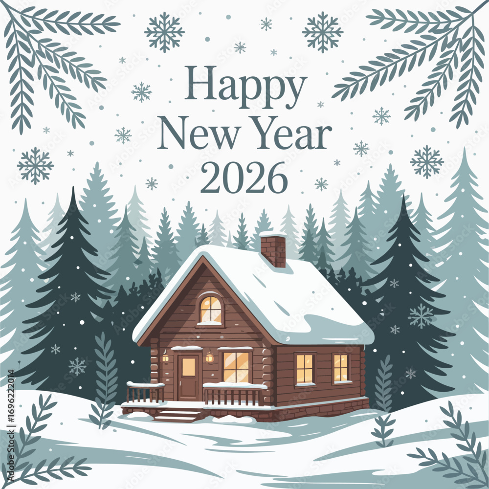 Naklejka premium Winter cabin in snowy forest with Happy New Year 2026 text log cabin