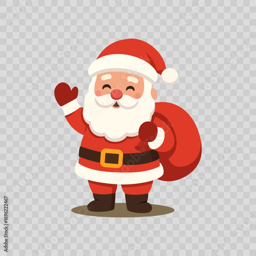 Cute illustration of Santa Claus with a gift bag on a transparent background. Perfect for Christmas cards, holiday posters, advertising layouts and festive design. Vector illustration EPS10.