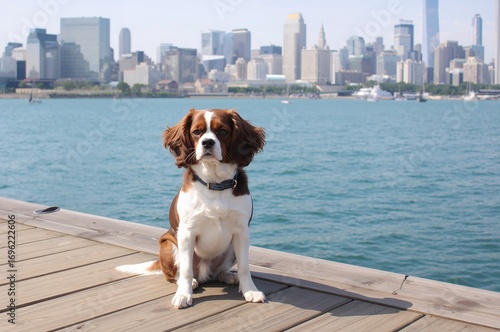 Cute Cavalier King Charles Spaniel perched on a dock, gazing at distant sailboats across a large lake. © The 2R Artificiality