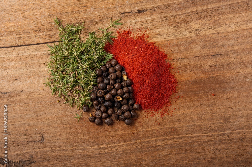 Fototapeta premium The wooden chopping board's rustic surface highlighted the vivid mix of fresh herbs, black peppercorns, and bright red paprika, enriching the overall presentation.