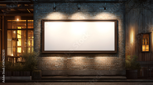 Blank billboard on a brick wall with three lights near a restaurant with large windows