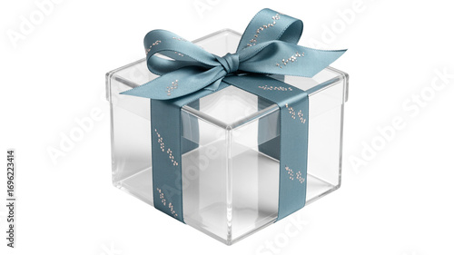 Elegant clear gift box with teal ribbon for luxury presents and celebrations