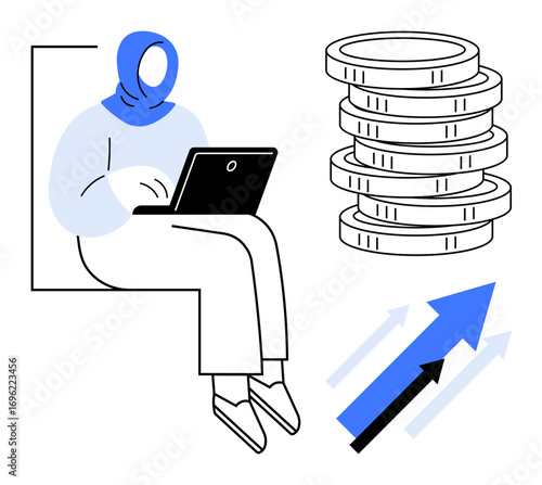Woman in a hijab using a laptop next to a stack of coins and upward arrows. Ideal for finance, growth, investments, technology, empowerment, analytics, economic success. A simple flat metaphor