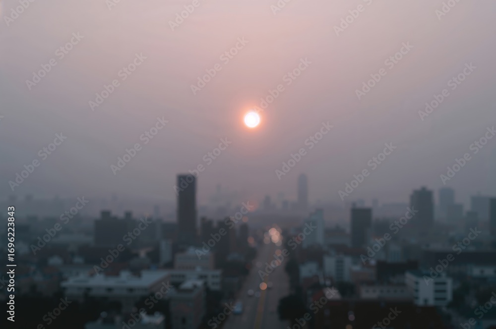 Fototapeta premium Hazy urban skyline at dawn with a glowing ring from lens flare created by AI generation