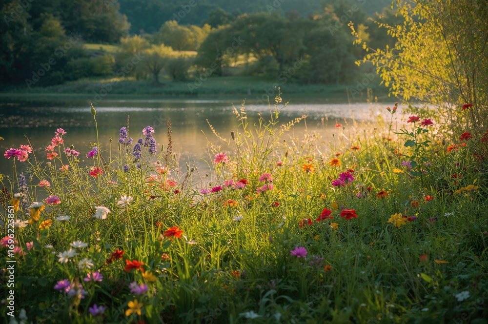 Fototapeta premium Profusion of wildflowers glowing gently by the lakeside