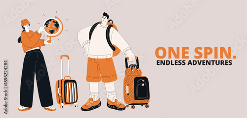 Vector illustration of two tourists, a man and a woman, with a globe and suitcases, symbolizing travel, adventure, and exploration