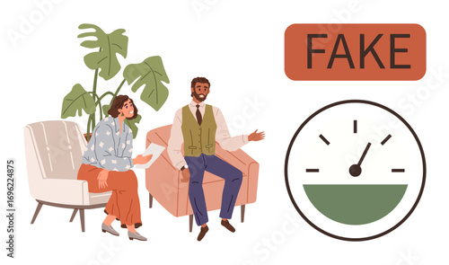 Man and woman conversing in chairs near a plant, adjacent to a fake detector gauge. Ideal for themes of misinformation, trust, skepticism, awareness, media literacy, communication, simple flat