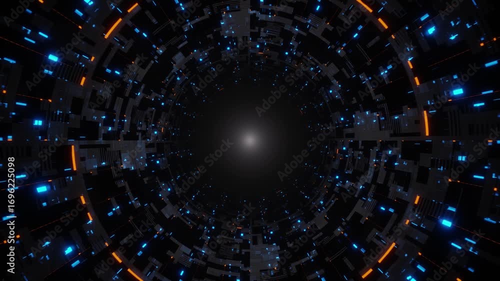 Symmetrical Sci-Fi Data Tunnel Glowing Blue and Orange Tech Motion Background Loop
