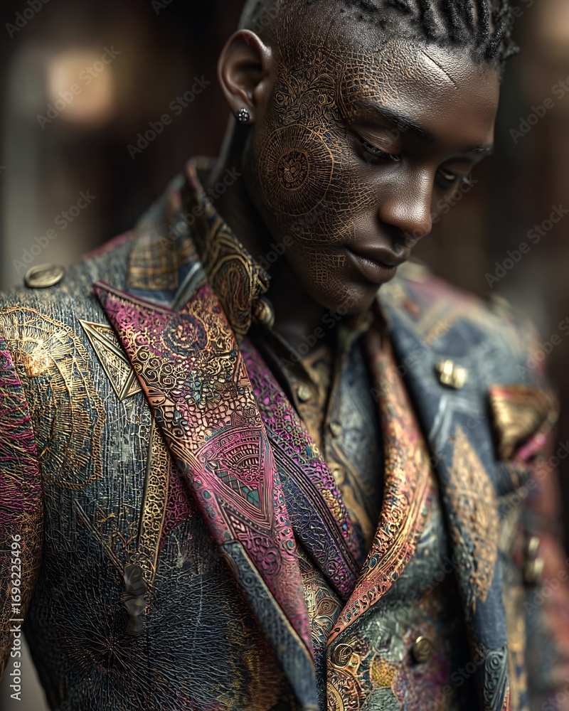 Obraz premium Opulent patterned suit portrait with Afrofuturist face markings, high-fashion profile on teal backdrop.