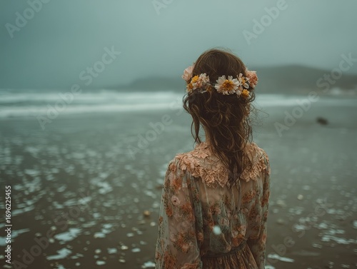 Lonely woman with long hair standing on cloudy beach facing ocean, back view with flowers in hair, peaceful solitude vector illustration for social media, blog graphics or mental health themes