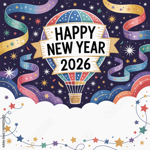 Happy New Year 2026 hot air balloon with colorful streamers and stars celebration