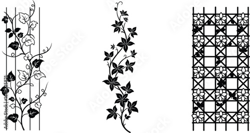 Decorative floral vine silhouettes on garden trellis, elegant botanical design, vertical plant patterns for wall art, stencil, laser cut, SVG