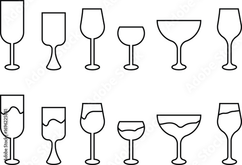 Wine glass icon set collection group in black line style, beverage drink goblet cup symbol bundle, alcohol bar cocktail champagne liquor illustration, isolated on transparent background vector