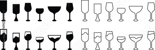 Wine glass icon set collection group in black flat and line style, beverage drink goblet cup symbol bundle, alcohol bar cocktail champagne liquor illustration isolated on transparent background vector