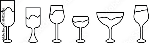 Wine glass icon set collection group in black line style, beverage drink goblet cup symbol bundle, alcohol bar cocktail champagne liquor illustration, isolated on transparent background vector