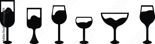 Wine glass icon set collection group in black flat style, beverage drink goblet cup symbol bundle, alcohol bar cocktail champagne liquor illustration, isolated on transparent background vector