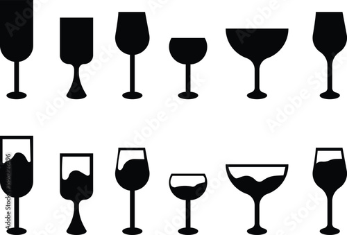 Wine glass icon set collection group in black flat style, beverage drink goblet cup symbol bundle, alcohol bar cocktail champagne liquor illustration, isolated on transparent background vector