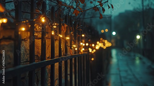 Festive fairy lights adorn a metal fence at night