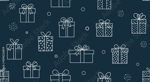 Festive Gift Boxes Scattered Across a Dark Blue Background Seamless Pattern