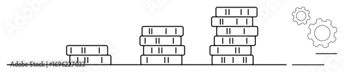 Stacked coins in ascending order symbolizing financial growth and progress, complemented by gears for systems, automation, and planning. Ideal for finance, investments, innovation, strategy, business