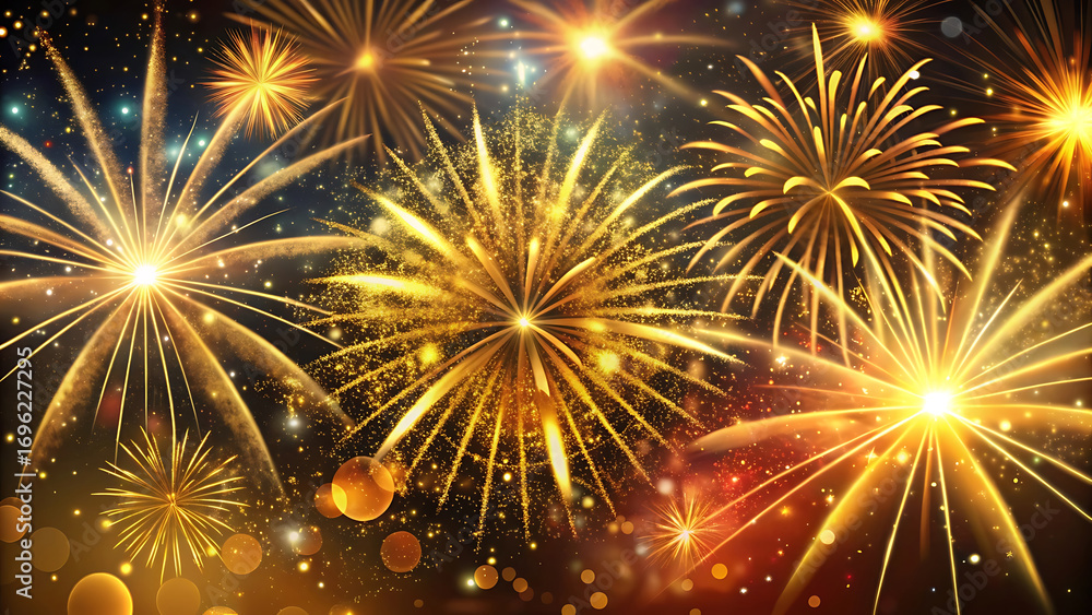 Obraz premium Glittering new year fireworks display with golden sparkles vector illustration on white background