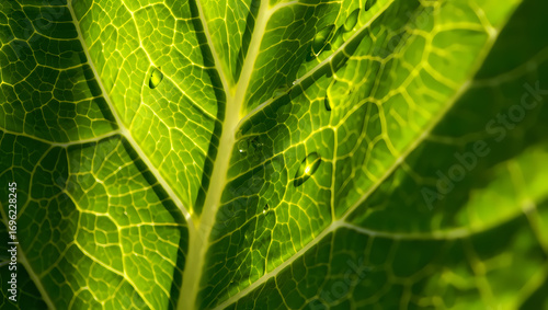 A closeup of a vibrant green leaf with intricate vein patterns and water droplets, showcasing natures beauty and detail