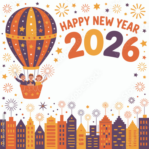 Happy New Year 2026 hot air balloon with people over city and fireworks celebration