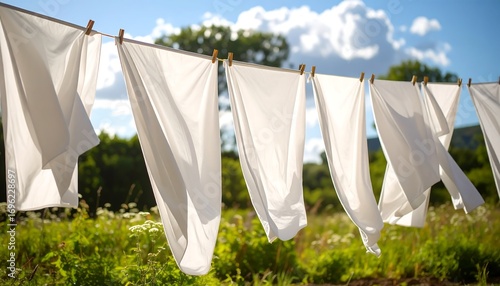 White linens hang on a clothesline, blowing gently in a sunlit breeze. The scene is set outdoors with vibrant green foliage and a partly cloudy blue sky