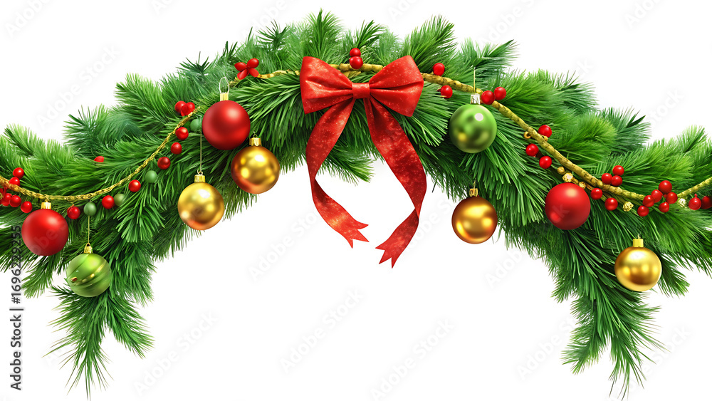 Fototapeta premium Holiday garland decoration with green pine branches vector illustration on white background 