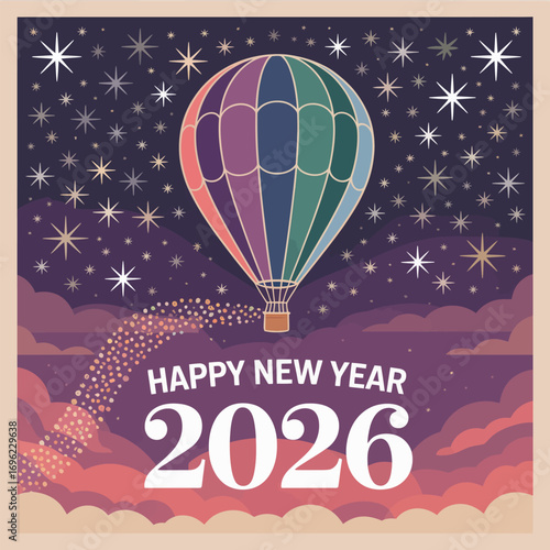 Happy New Year 2026 hot air balloon with stars and clouds night