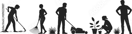 Gardening silhouettes, yard work, outdoor activity, lawn care, planting, raking, mowing, tools, nature, landscaping, garden maintenance, black figures, spring cleanup, soil digging