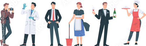 Occupational character illustration, waiter, chef, cleaner, scientist, photographer, businessman, profession bundle, uniform people, vector art