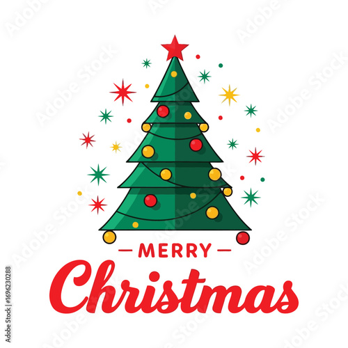 Christmas Tree Illustration with Red Star, Ornaments, and Starburst Background – Holiday Greeting Card Design for Seasonal Celebrations