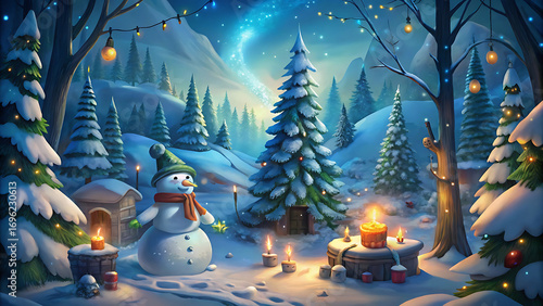 Magical christmas scene with snowman pine forest vector illustration on white background  