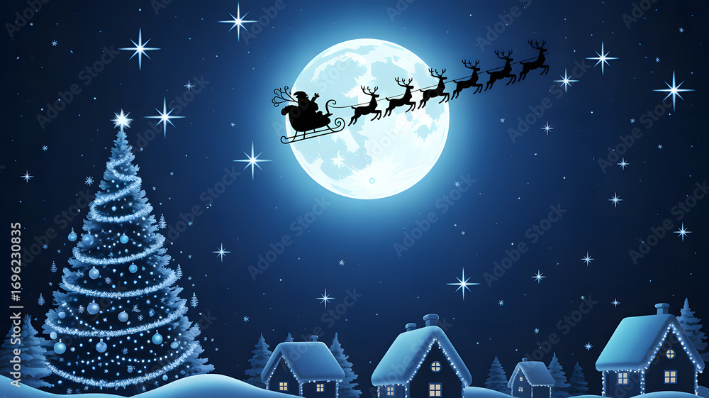 Naklejka premium Whimsical Christmas Eve illustration with full moon, Santa Claus and reindeer in flight, snow-covered village, decorated Christmas tree, starry indigo sky, festive winter night