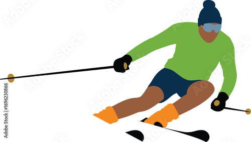 Skiing, winter sport, skier, athlete, snow, outdoor activity, cold weather, skier in motion, sportswear, goggles, beanie, dynamic, downhill, vector illustration, speed, slalom