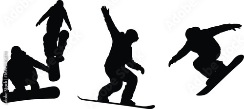 Snowboarding silhouettes, snowboarder action, winter sport, extreme trick, dynamic pose, athlete, jump, freestyle, vector illustration, motion, speed, black silhouette