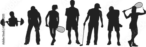 Sport silhouette bundle, fitness activity icons, tennis, golf, baseball, weightlifting, athlete pose, vector illustration