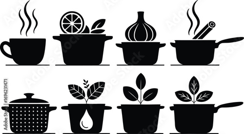 Cooking elements and plants in pots pans steam