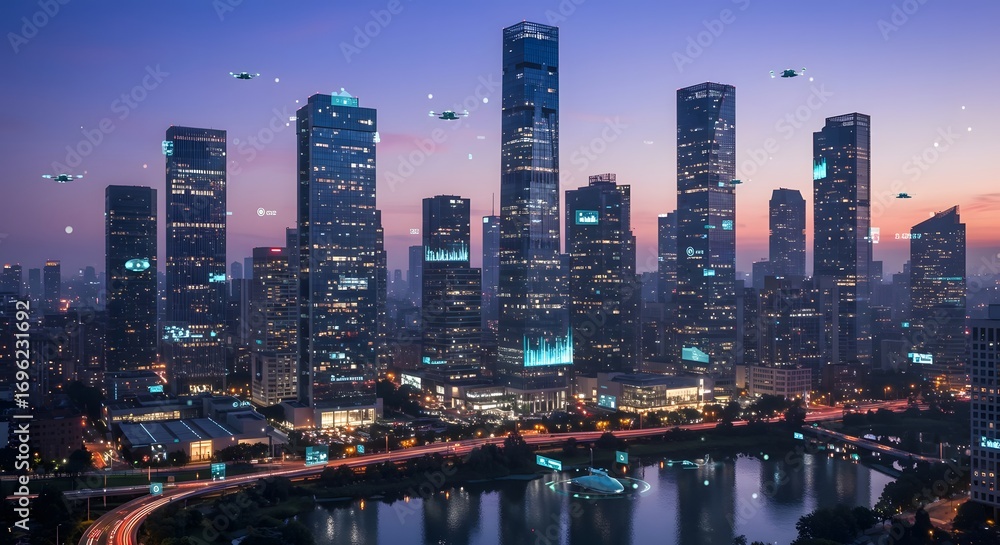 Fototapeta premium Futuristic city skyline at dusk with glowing skyscrapers and hovering vehicles above the river