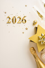 Festive vertical image featuring golden 2026 elements, champagne, stars, and gift elements, evoking celebration
