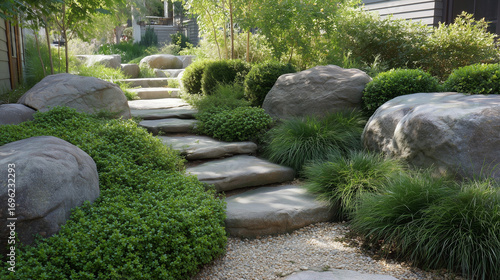 Wallpaper Mural Grey boulder rock garden landscape design features stone pathway lined with green bushes, ornamental grasses. Natural stone elements create serene outdoor space, perfect for tranquil garden plannin Torontodigital.ca