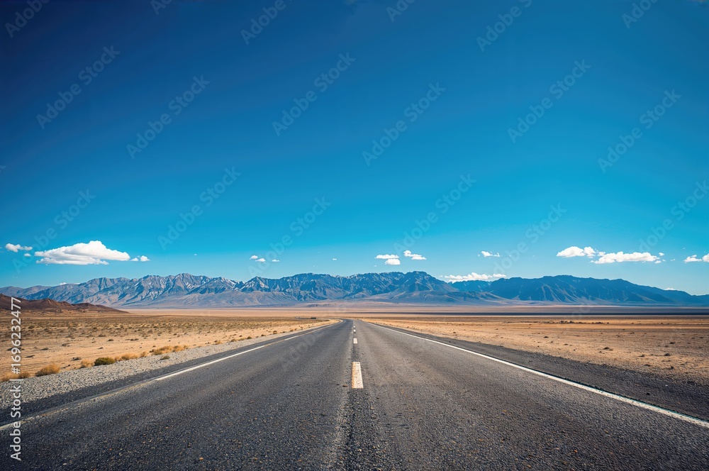 Naklejka premium Wide-angle shot from ground level featuring a clear sky and mountain scenery, ideal for showcasing vehicles or products