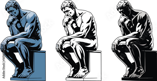 Muscular man contemplating seated on pedestal sculpture
